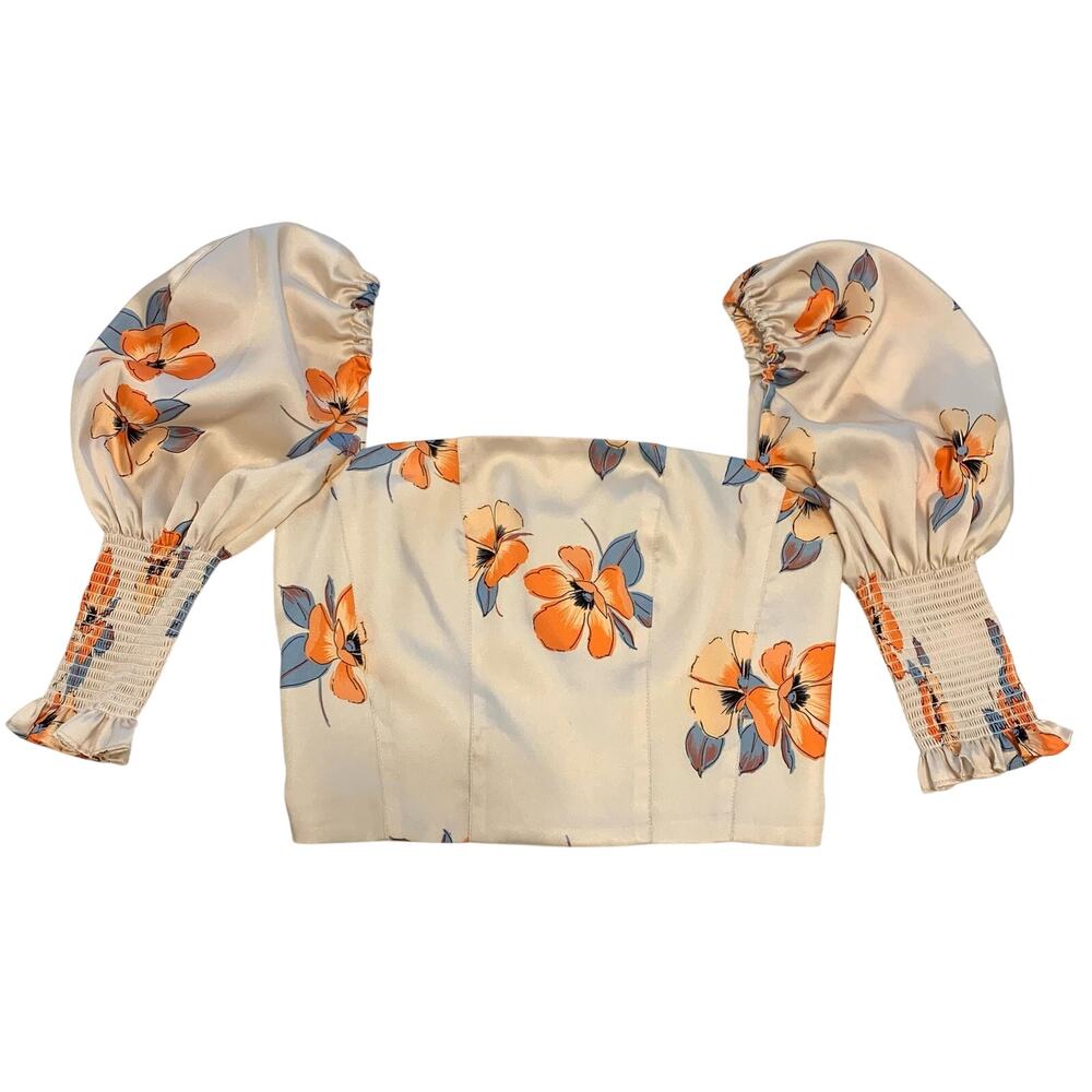 Nicholas Cream Floral Puff Sleeve Crop Top Blouse Size 2